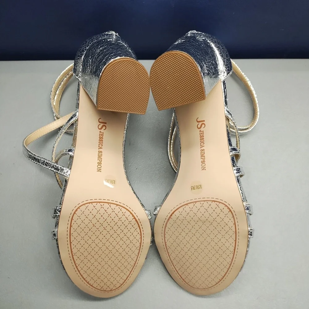 Jessica Simpson Hirrine Heeled Sandals Womens US‎ 8.5M Silver Synthetic Back Zip